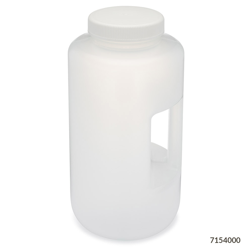 Globe Scientific Bottle, Large Wide Mouth with Handle, Round, PP Bottle, 100mm PP Screw Cap, 4 Litres (1.0 Gallons) Bottle; Boston Round; Wide Mouth; PP; Polypropylene; Screwcap; storage bottle; lab bottle